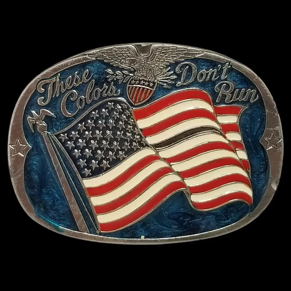 Vintage Belt Buckle 1985 These Colors Don't Run American Flag Patriotic USA Made
